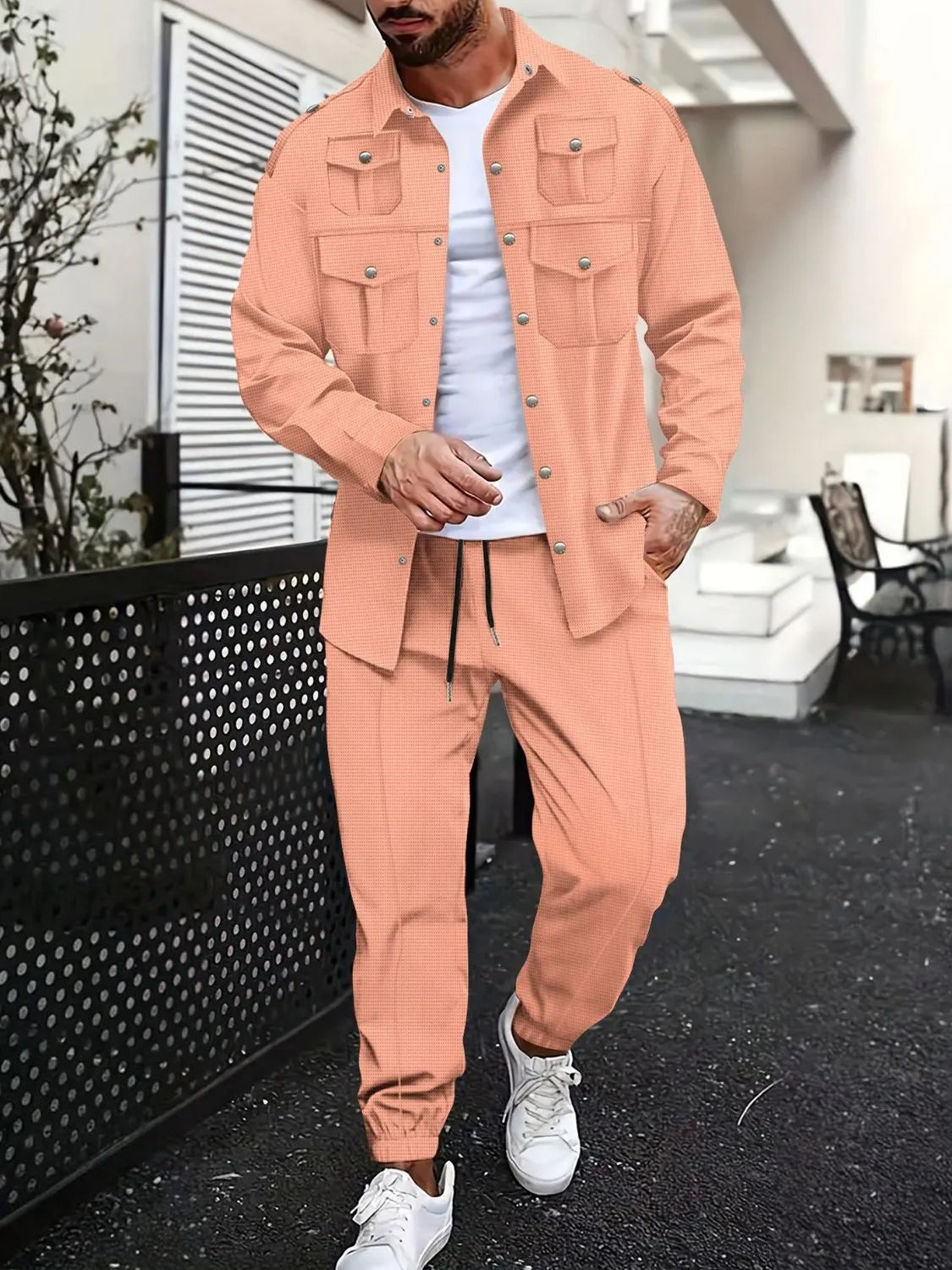 Men's Full Size Snap Down Long Sleeve Top and Pants Set Plus Size