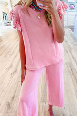 Elegant Pearl Detail Ruffle Sleeve Top & Wide-Leg Pants Set