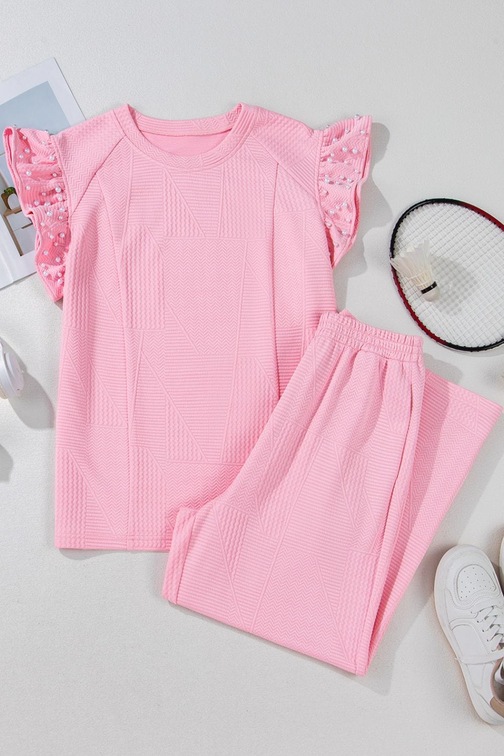 Elegant Pearl Detail Ruffle Sleeve Top & Wide-Leg Pants Set