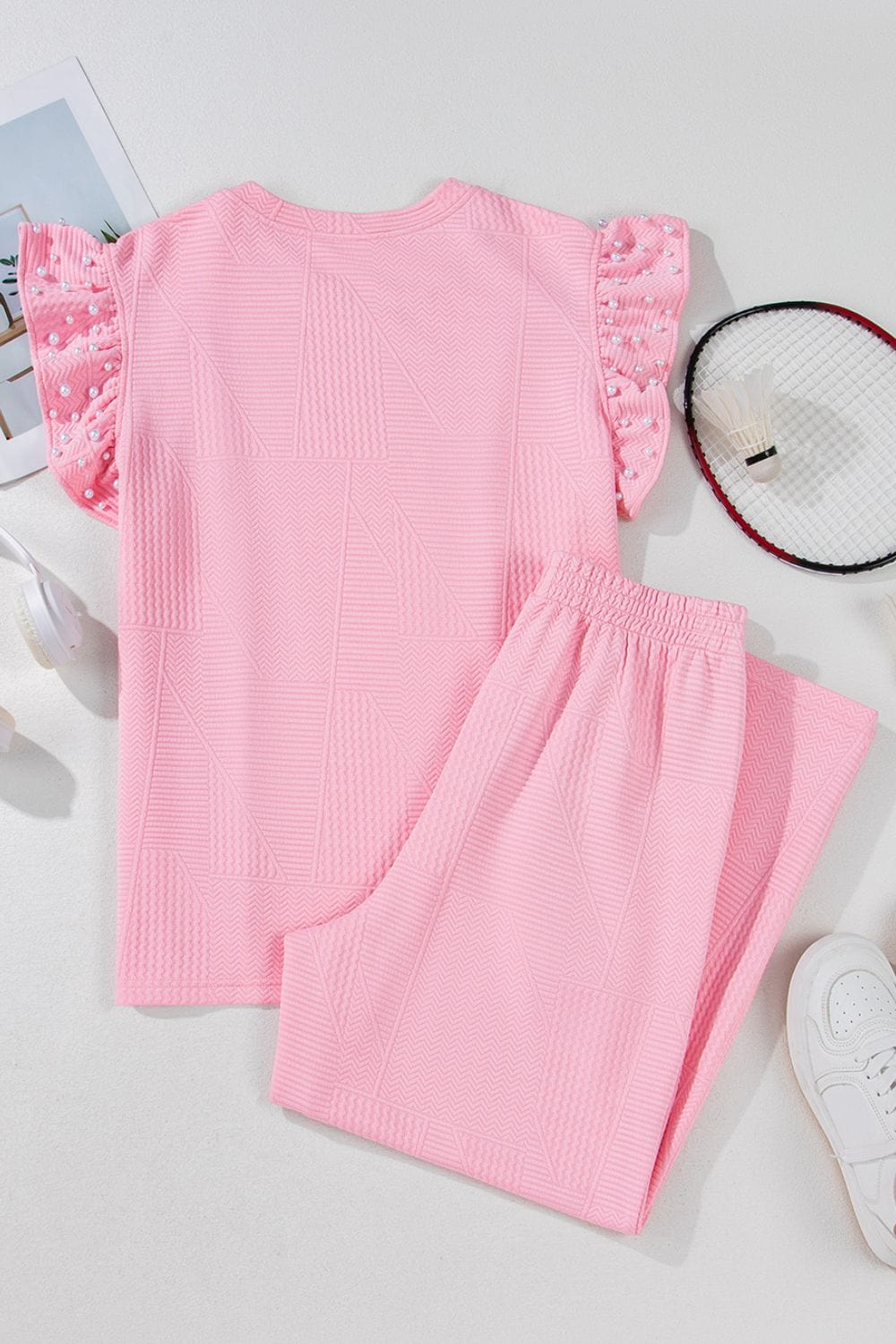 Elegant Pearl Detail Ruffle Sleeve Top & Wide-Leg Pants Set