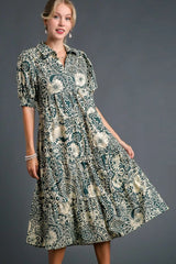 Printed Smocked Cuff Puff Sleeve Midi Dress