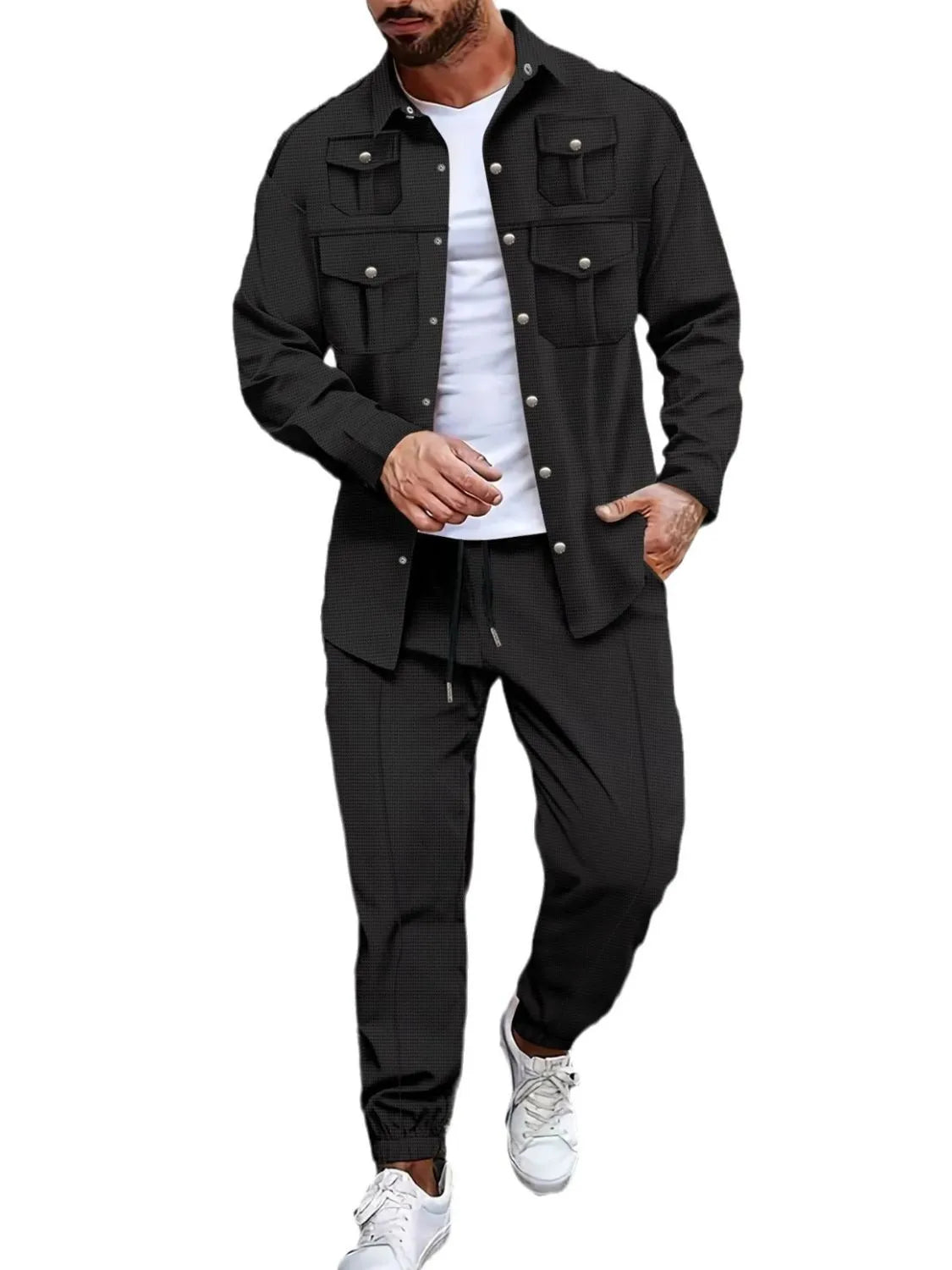 Men's Full Size Snap Down Long Sleeve Top and Pants Set Plus Size