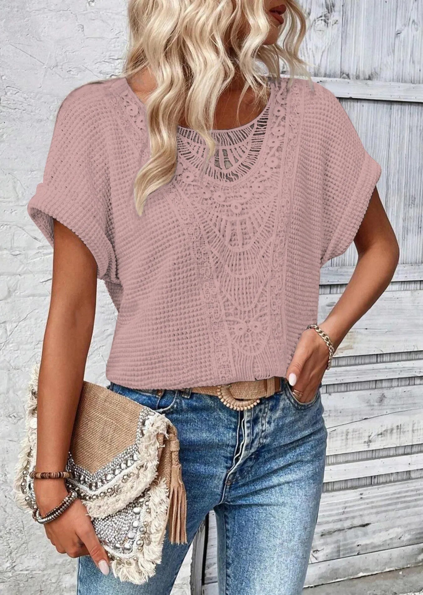 Crochet Lace Short Sleeve Casual T-Shirt
