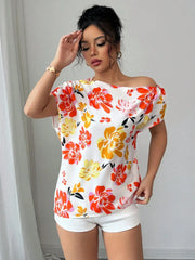 Floral Print One Shoulder Short Sleeve Blouse