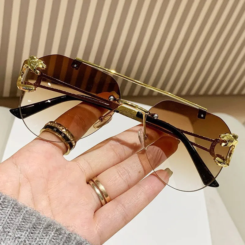Rimless Rectangle Sunglasses with Gold Lion Head Temples