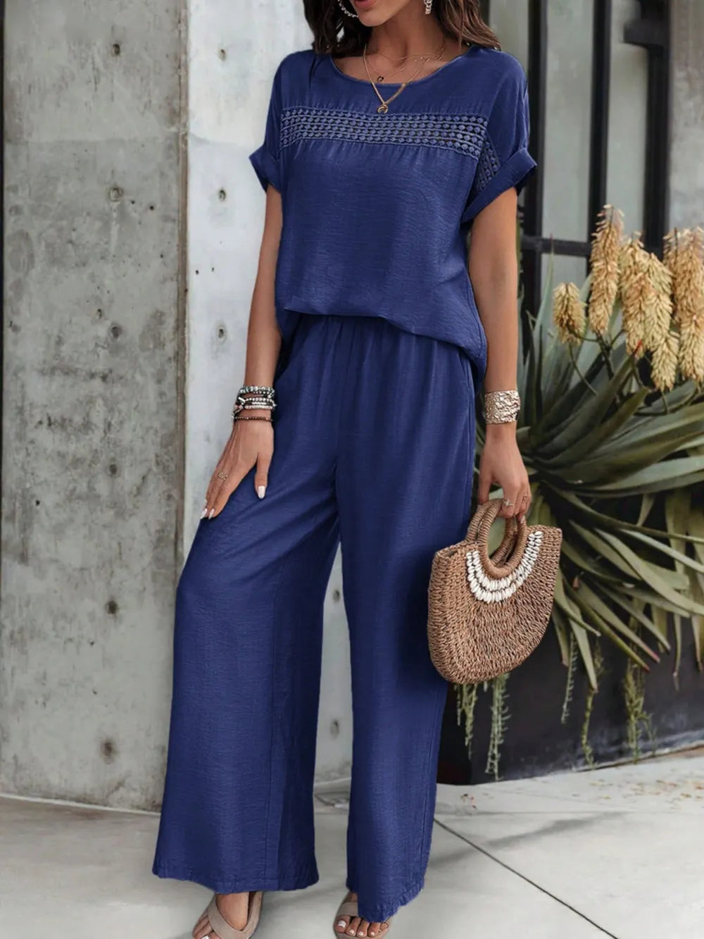 Round Neck Short Sleeve Top and Pants Set