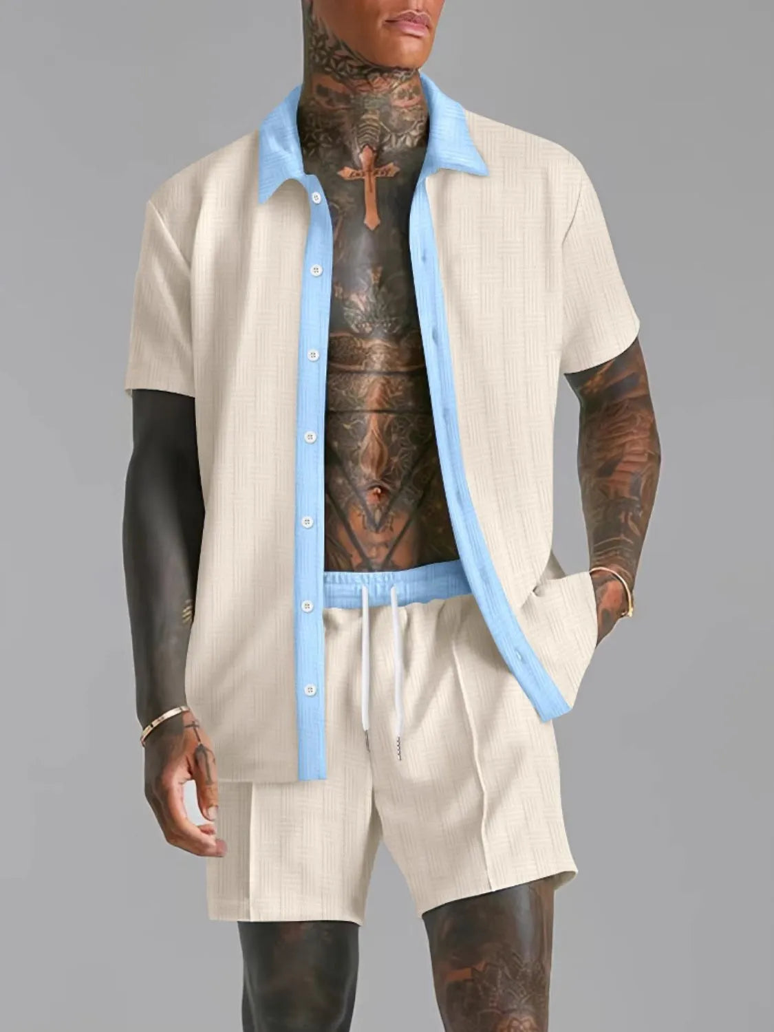 Men's Full Size Collared Neck Short Sleeve Top and Shorts Set Plus Size