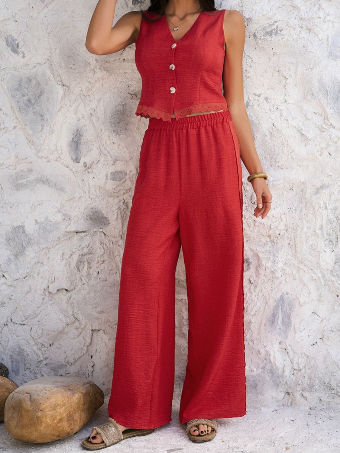 Feminine and Flawless: Button Down Lace Vest & Pants Set