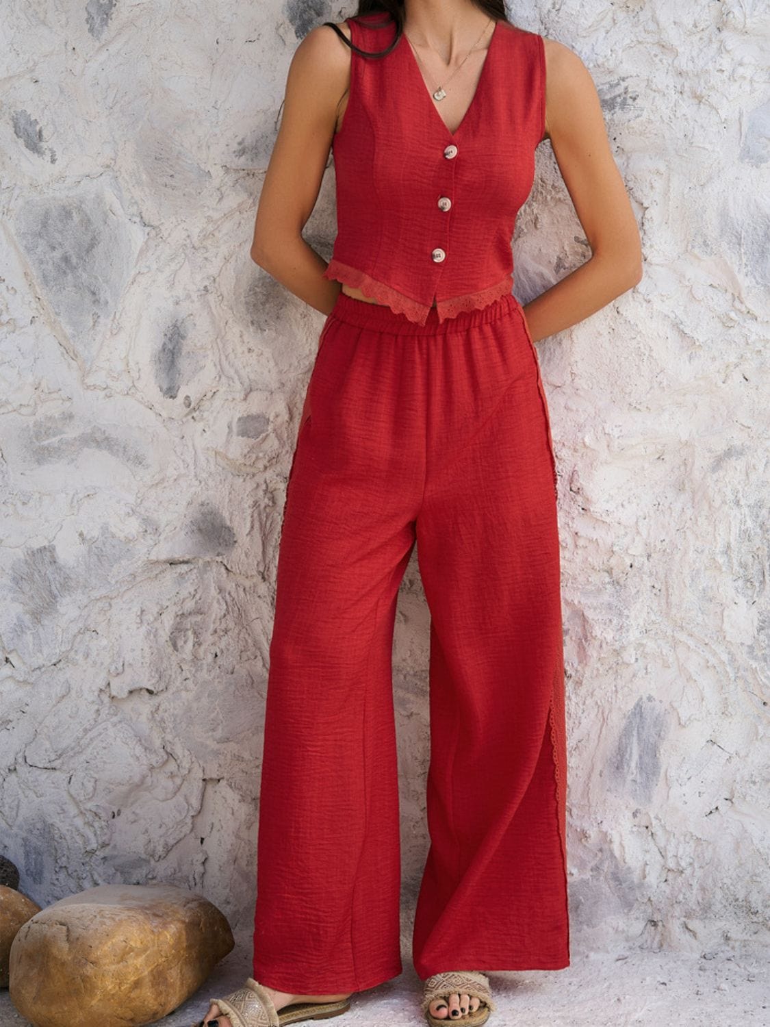 Feminine and Flawless: Button Down Lace Vest & Pants Set