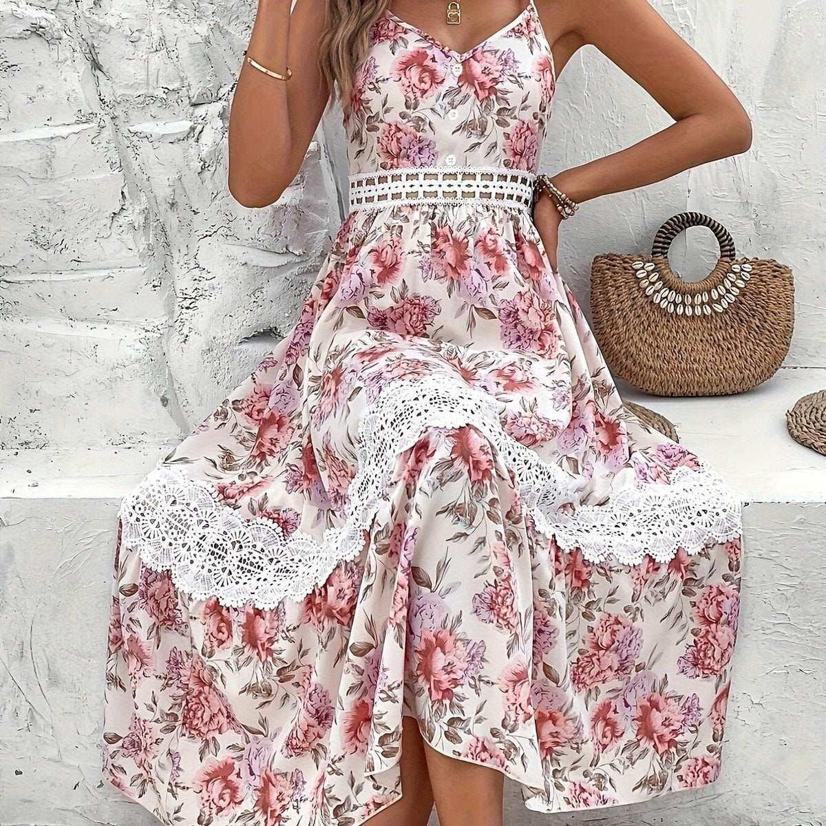Flirty Floral Lace Cami Dress with V Neck and Spaghetti Straps