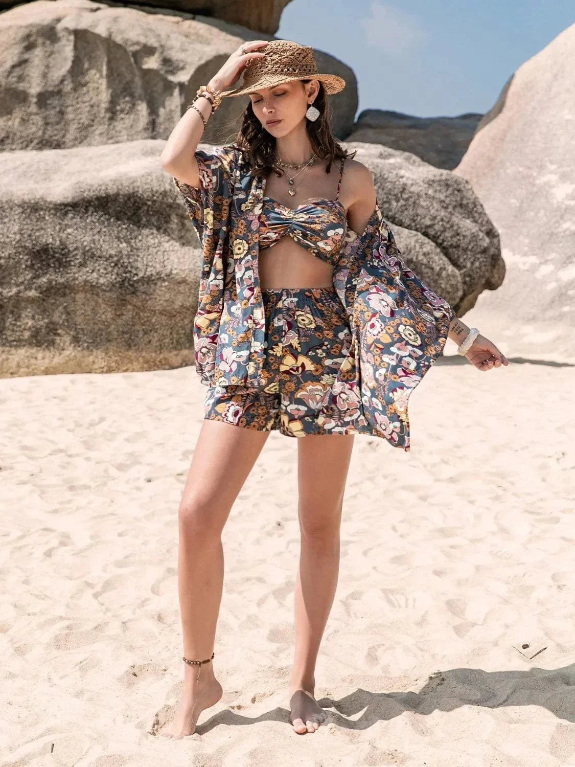 Floral Printed Bra, Cover-Up and Shorts Set