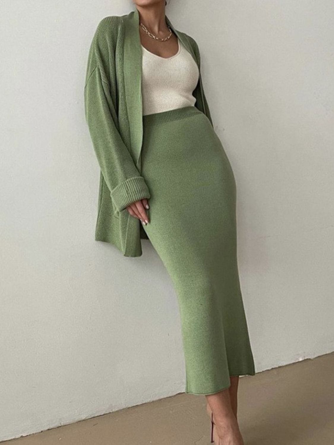 Fresh Start Pocketed Long Sleeve Cardigan and Skirt Sweater Set