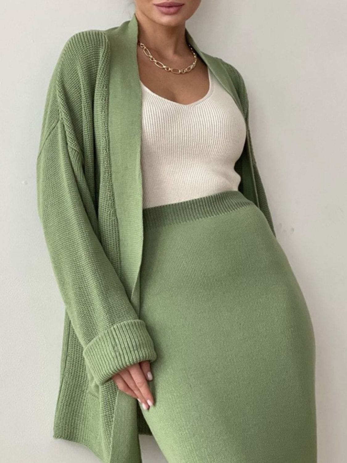 Fresh Start Pocketed Long Sleeve Cardigan and Skirt Sweater Set