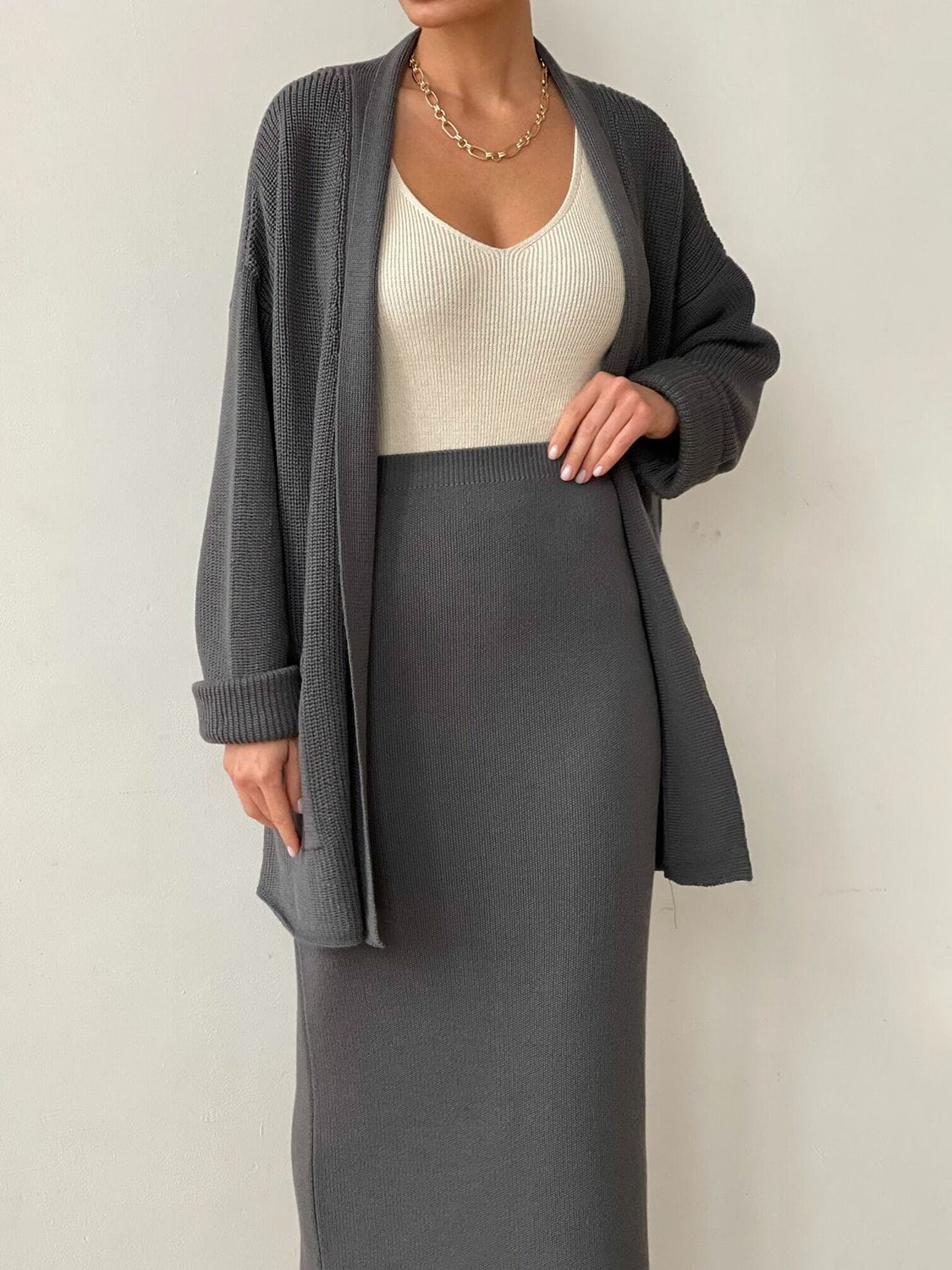 Fresh Start Pocketed Long Sleeve Cardigan and Skirt Sweater Set