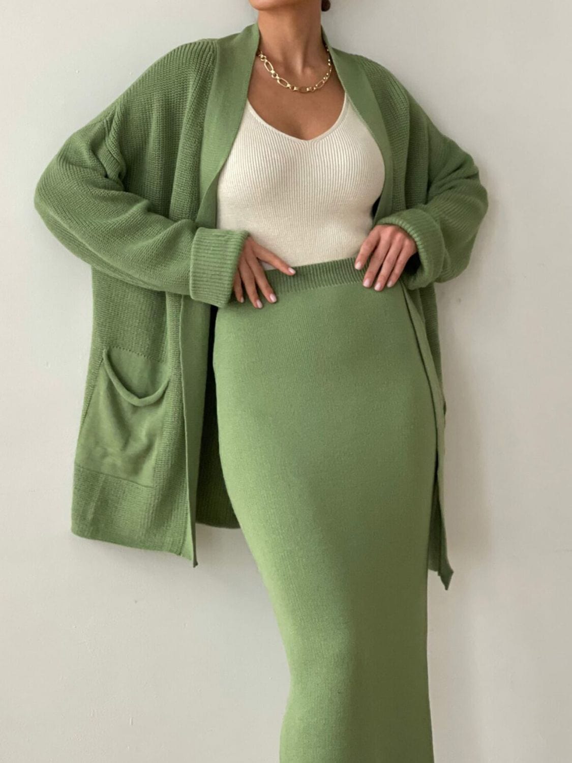 Fresh Start Pocketed Long Sleeve Cardigan and Skirt Sweater Set