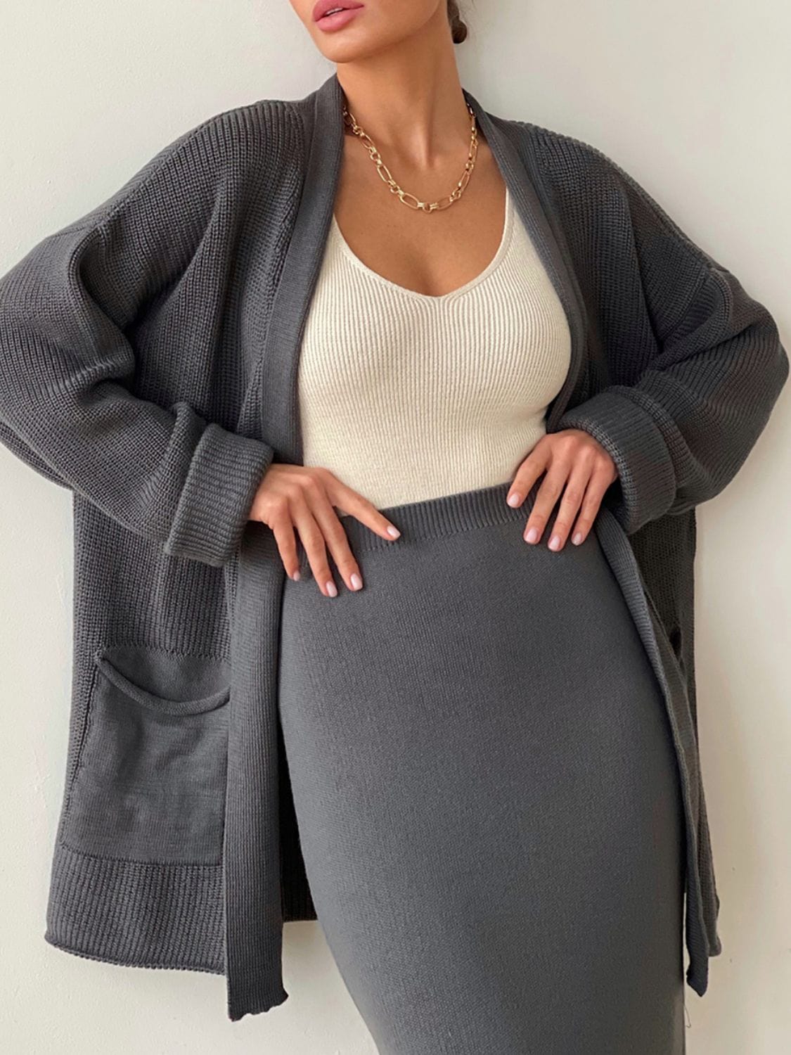 Fresh Start Pocketed Long Sleeve Cardigan and Skirt Sweater Set