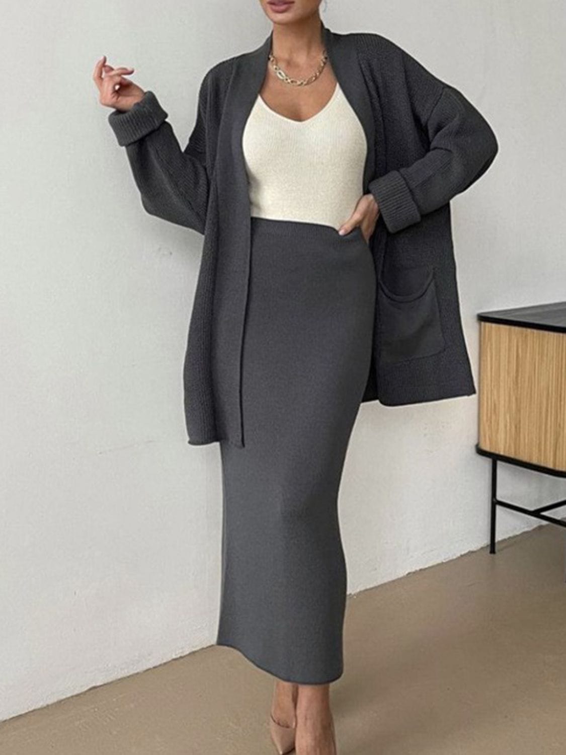 Fresh Start Pocketed Long Sleeve Cardigan and Skirt Sweater Set