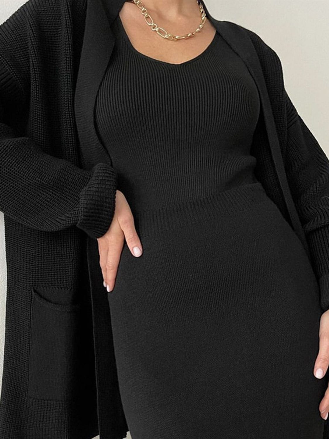 Fresh Start Pocketed Long Sleeve Cardigan and Skirt Sweater Set