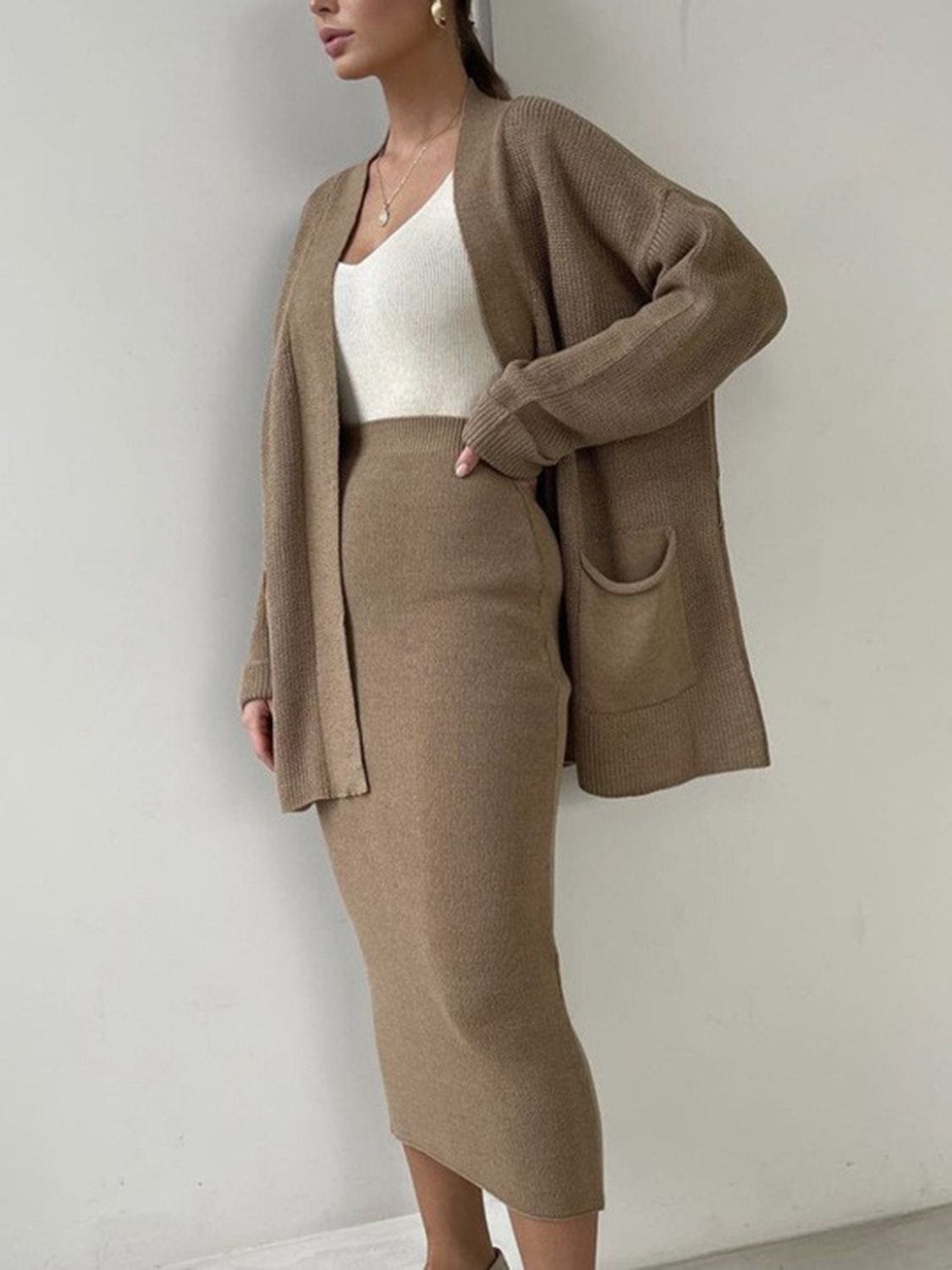 Fresh Start Pocketed Long Sleeve Cardigan and Skirt Sweater Set