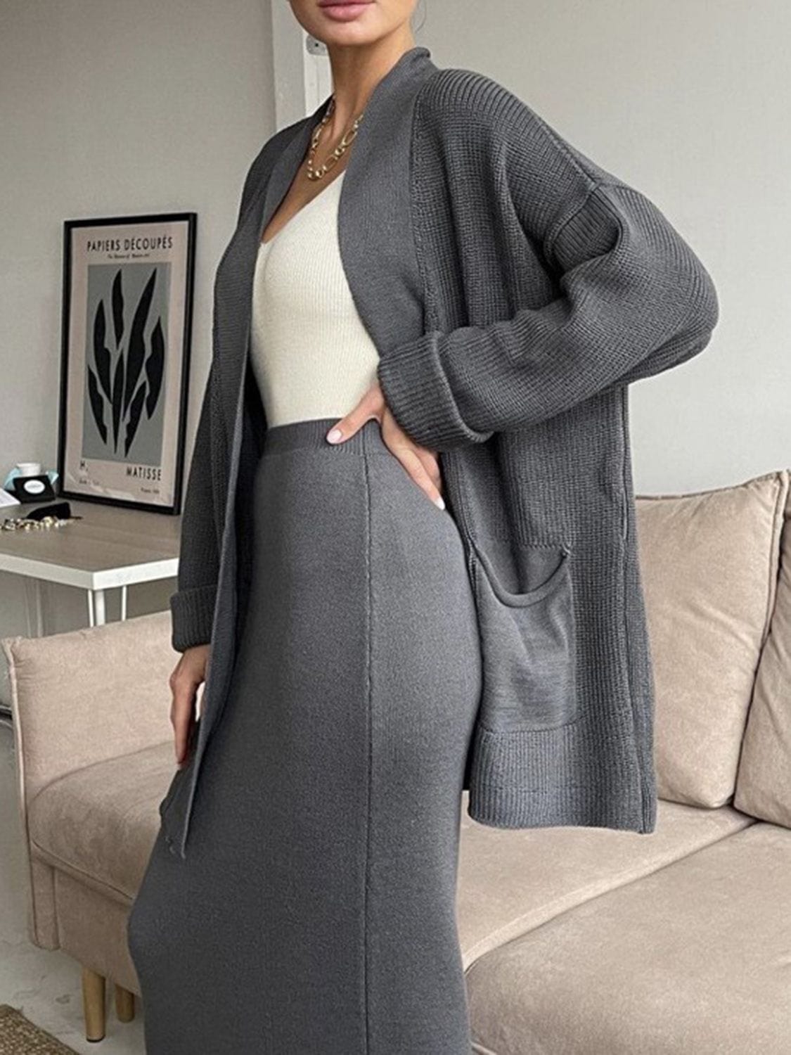 Fresh Start Pocketed Long Sleeve Cardigan and Skirt Sweater Set