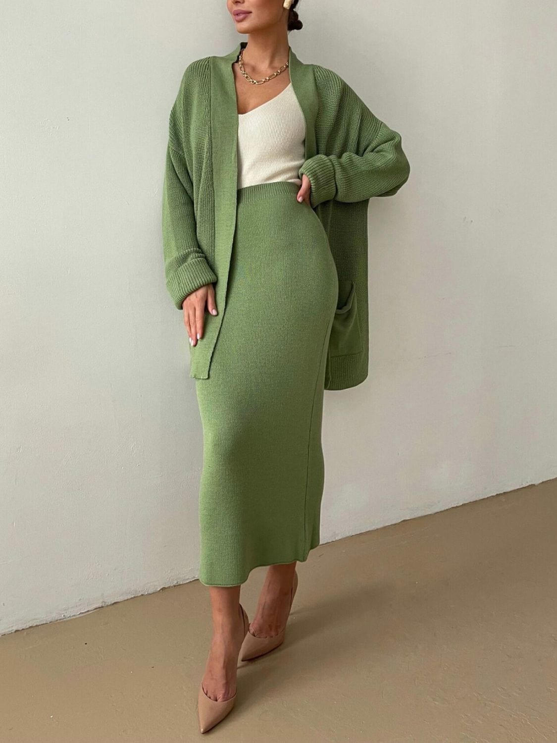Fresh Start Pocketed Long Sleeve Cardigan and Skirt Sweater Set