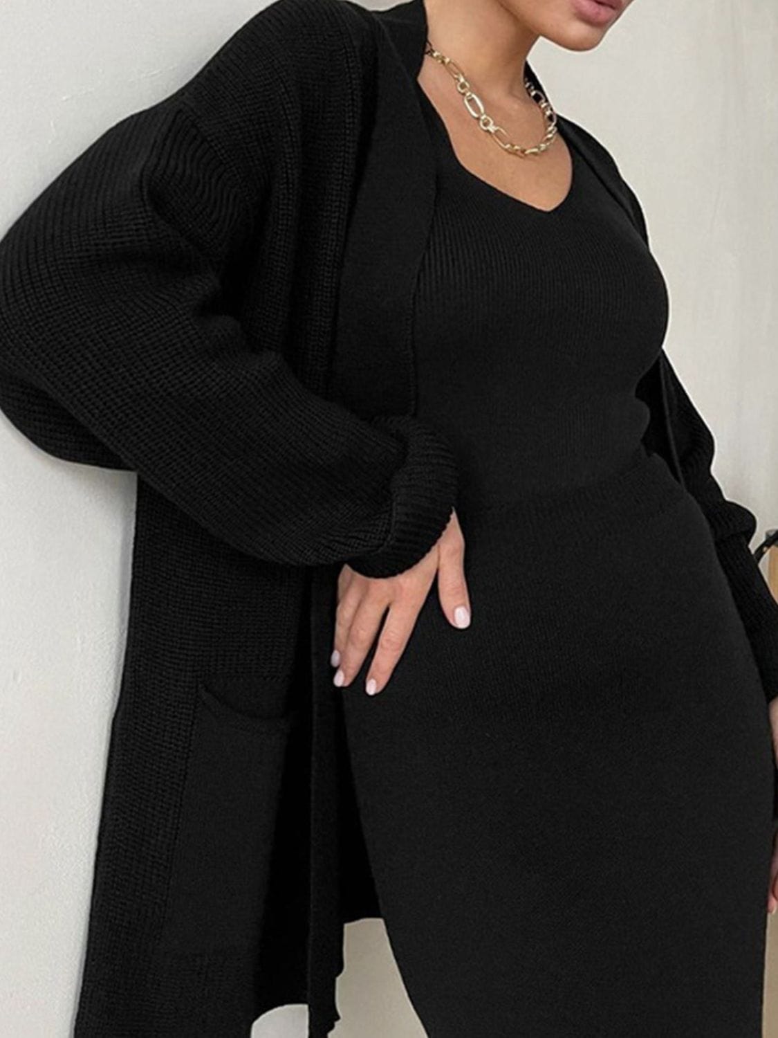 Fresh Start Pocketed Long Sleeve Cardigan and Skirt Sweater Set
