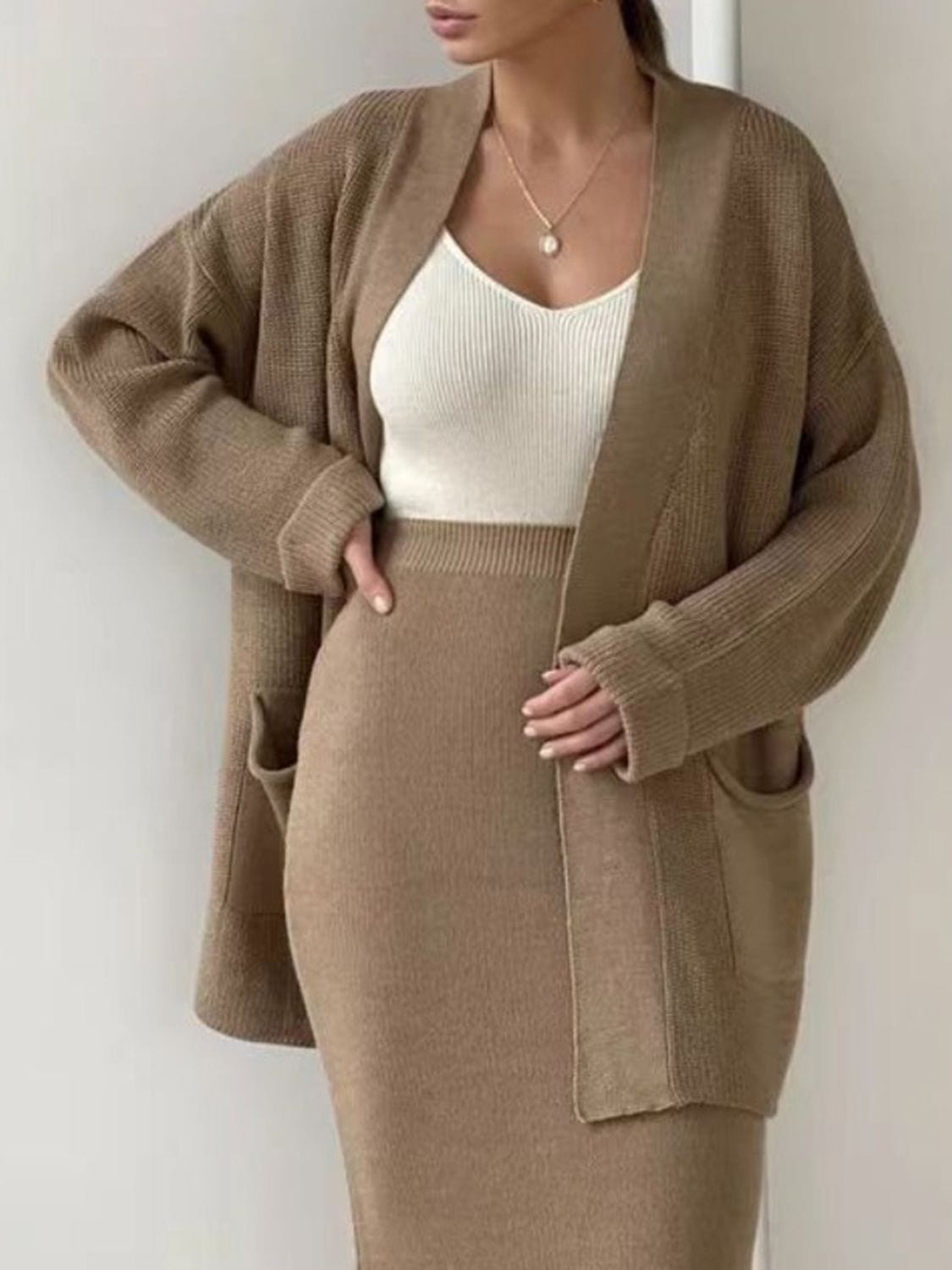 Fresh Start Pocketed Long Sleeve Cardigan and Skirt Sweater Set