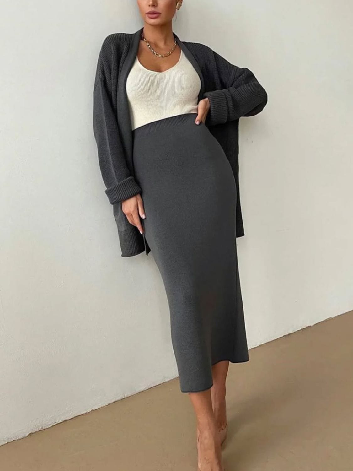 Fresh Start Pocketed Long Sleeve Cardigan and Skirt Sweater Set