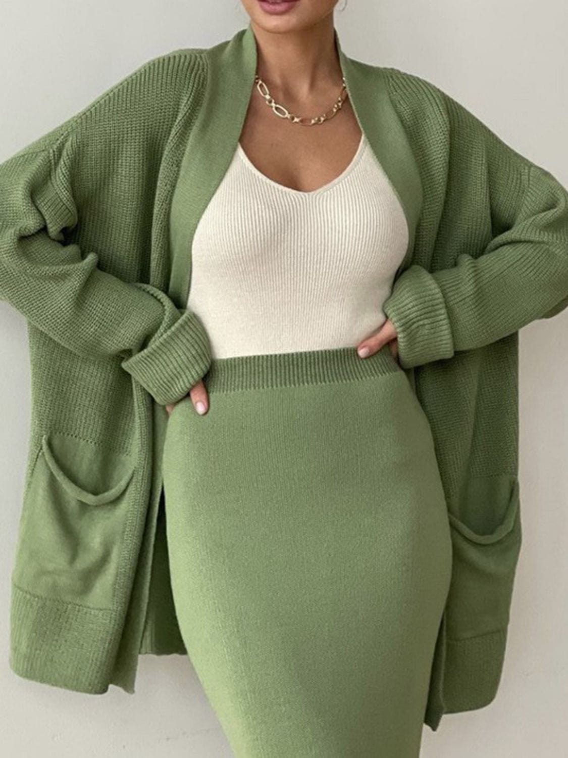 Fresh Start Pocketed Long Sleeve Cardigan and Skirt Sweater Set