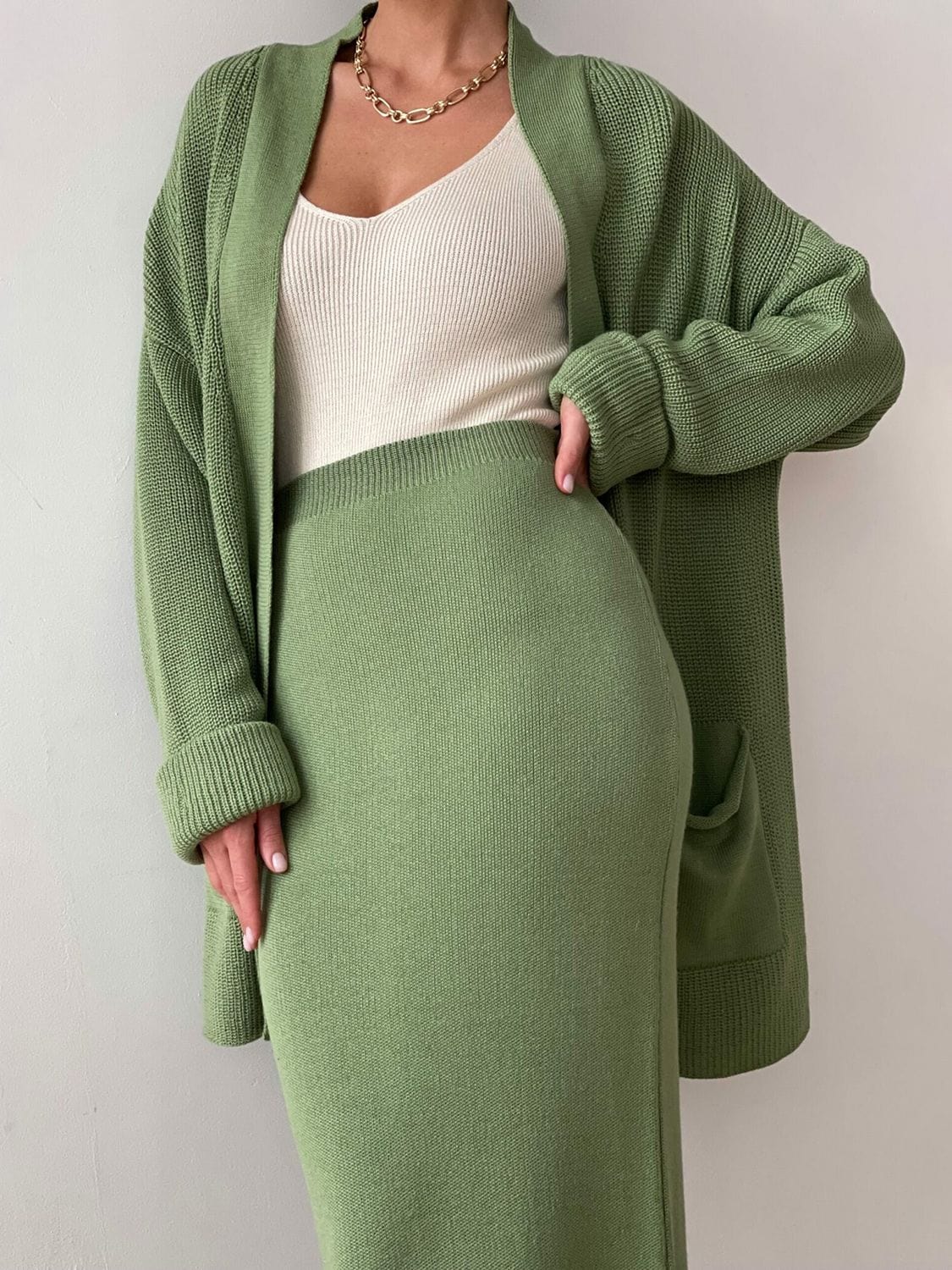 Fresh Start Pocketed Long Sleeve Cardigan and Skirt Sweater Set