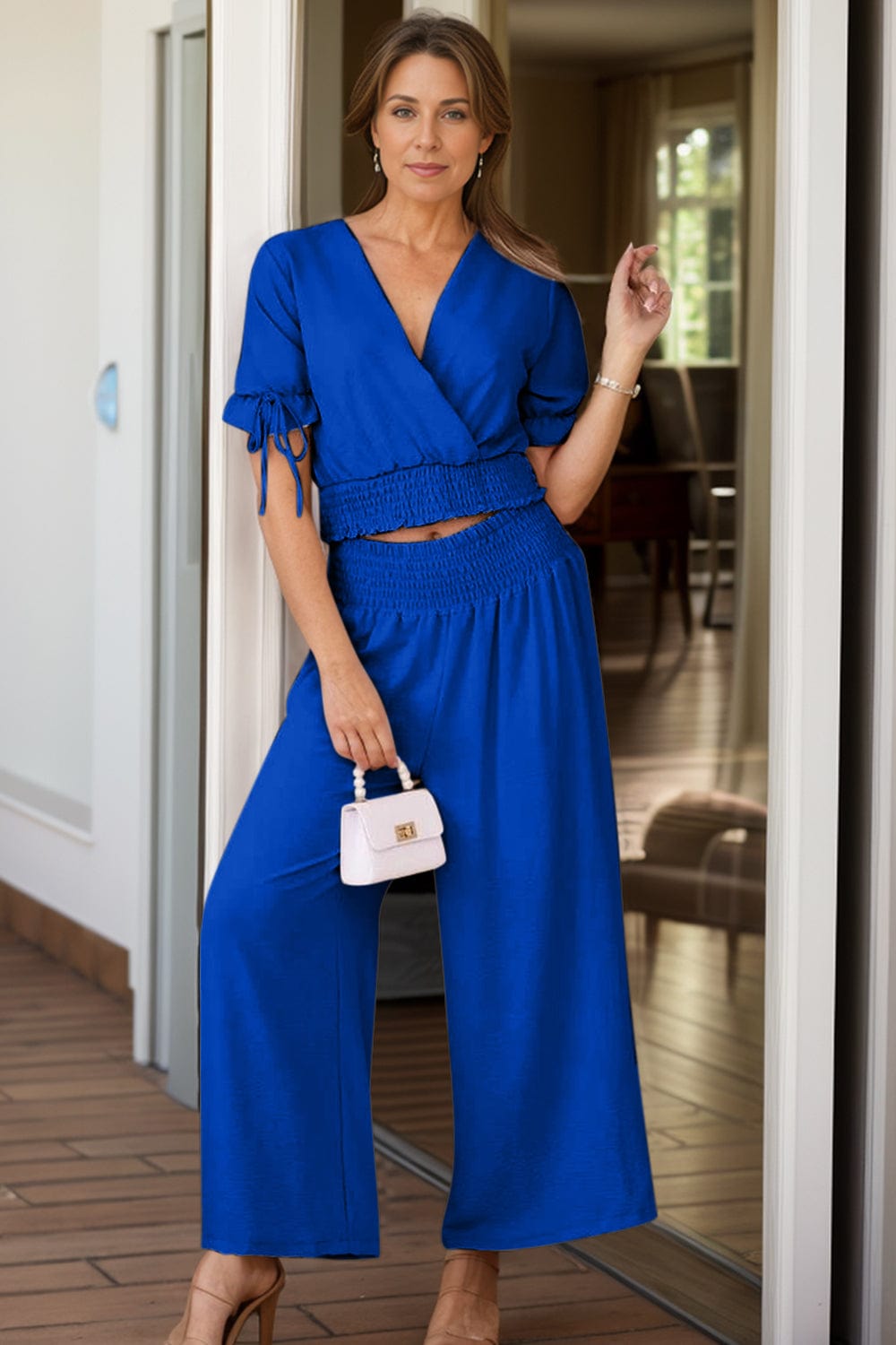 Frilled V-Neck Short Sleeve Top and Pants Set