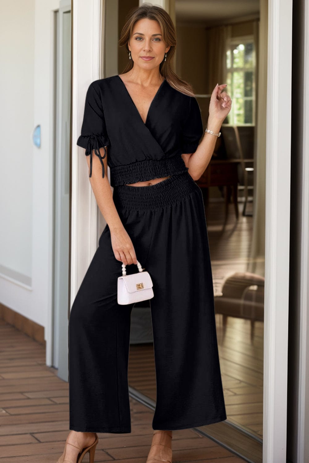Frilled V-Neck Short Sleeve Top and Pants Set