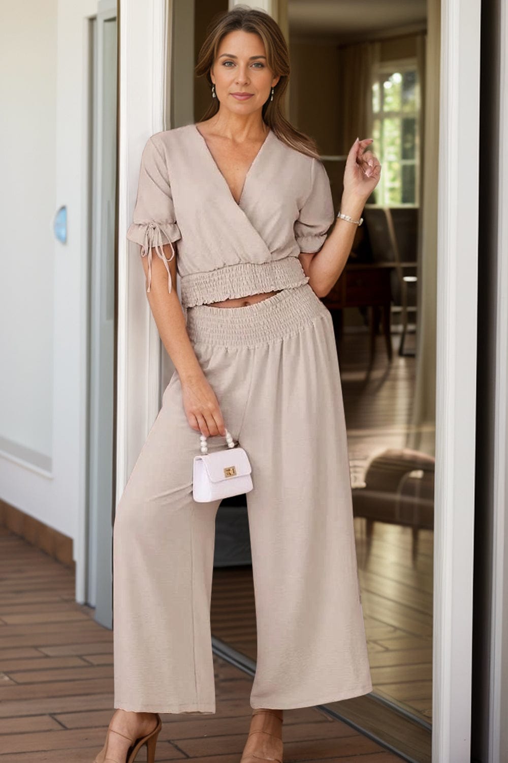 Frilled V-Neck Short Sleeve Top and Pants Set