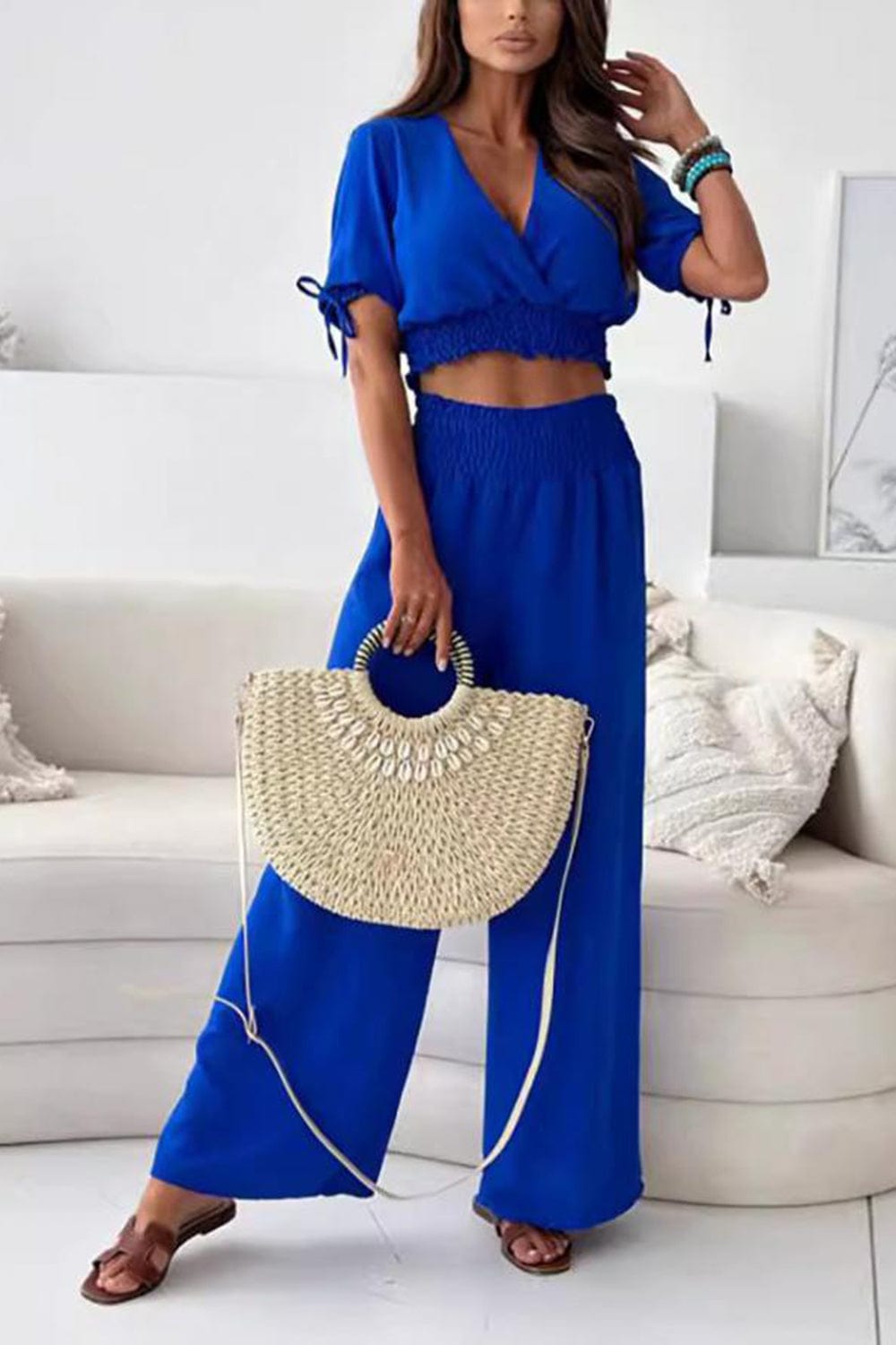 Frilled V-Neck Short Sleeve Top and Pants Set