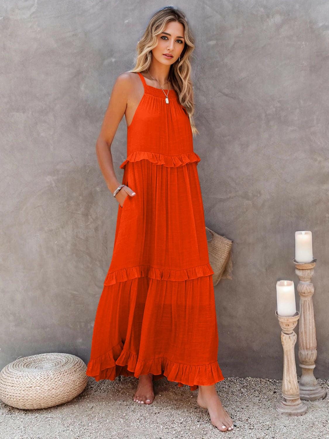 Fun Ruffled Sleeveless Tiered Maxi Dress with Pockets