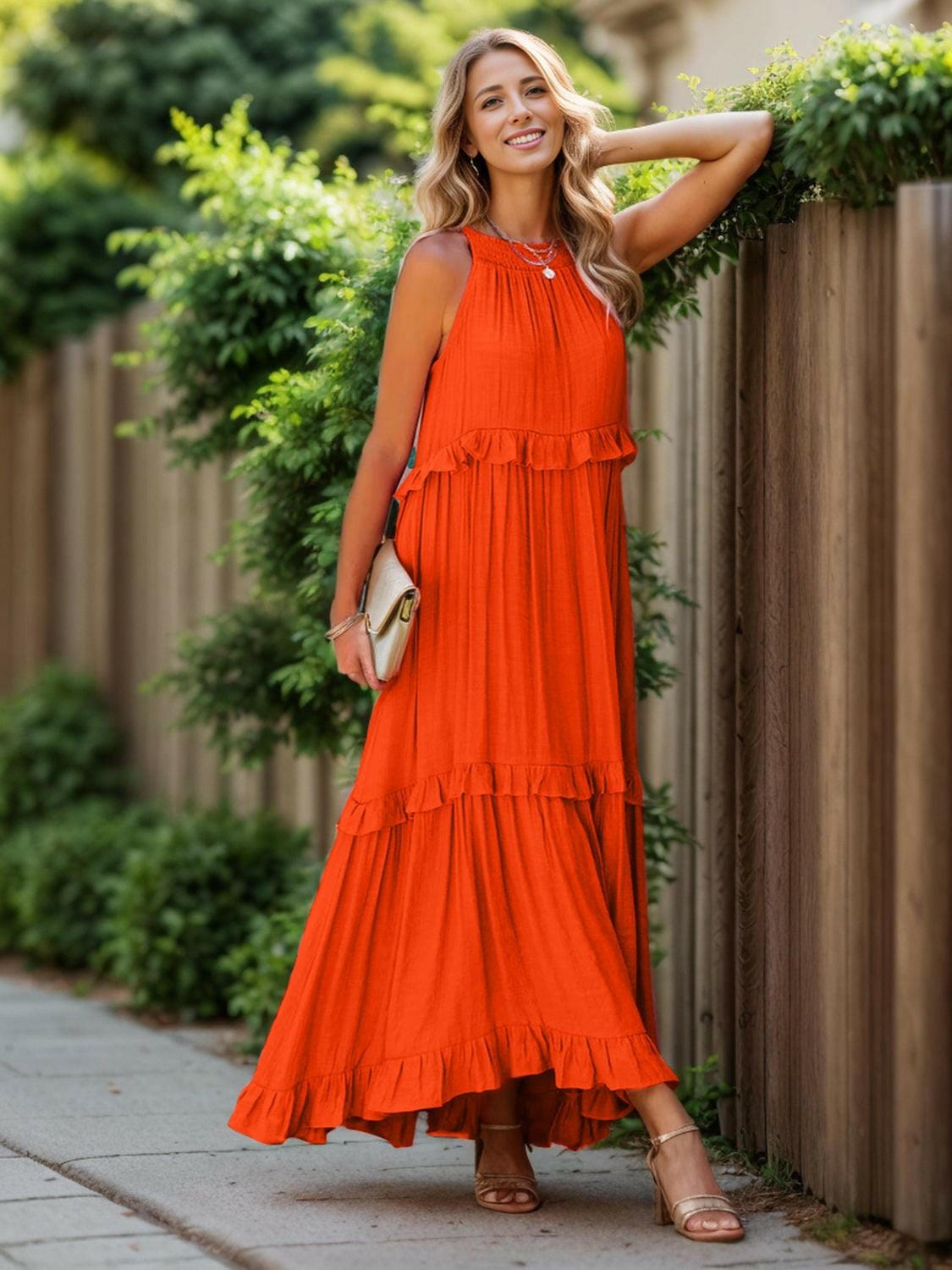 Fun Ruffled Sleeveless Tiered Maxi Dress with Pockets