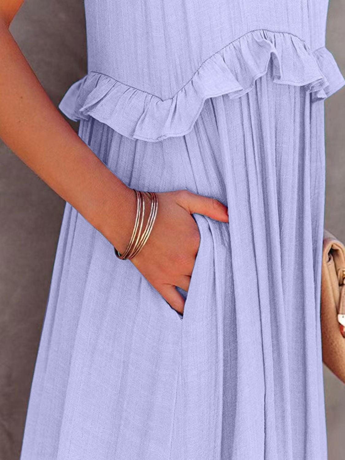 Fun Ruffled Sleeveless Tiered Maxi Dress with Pockets