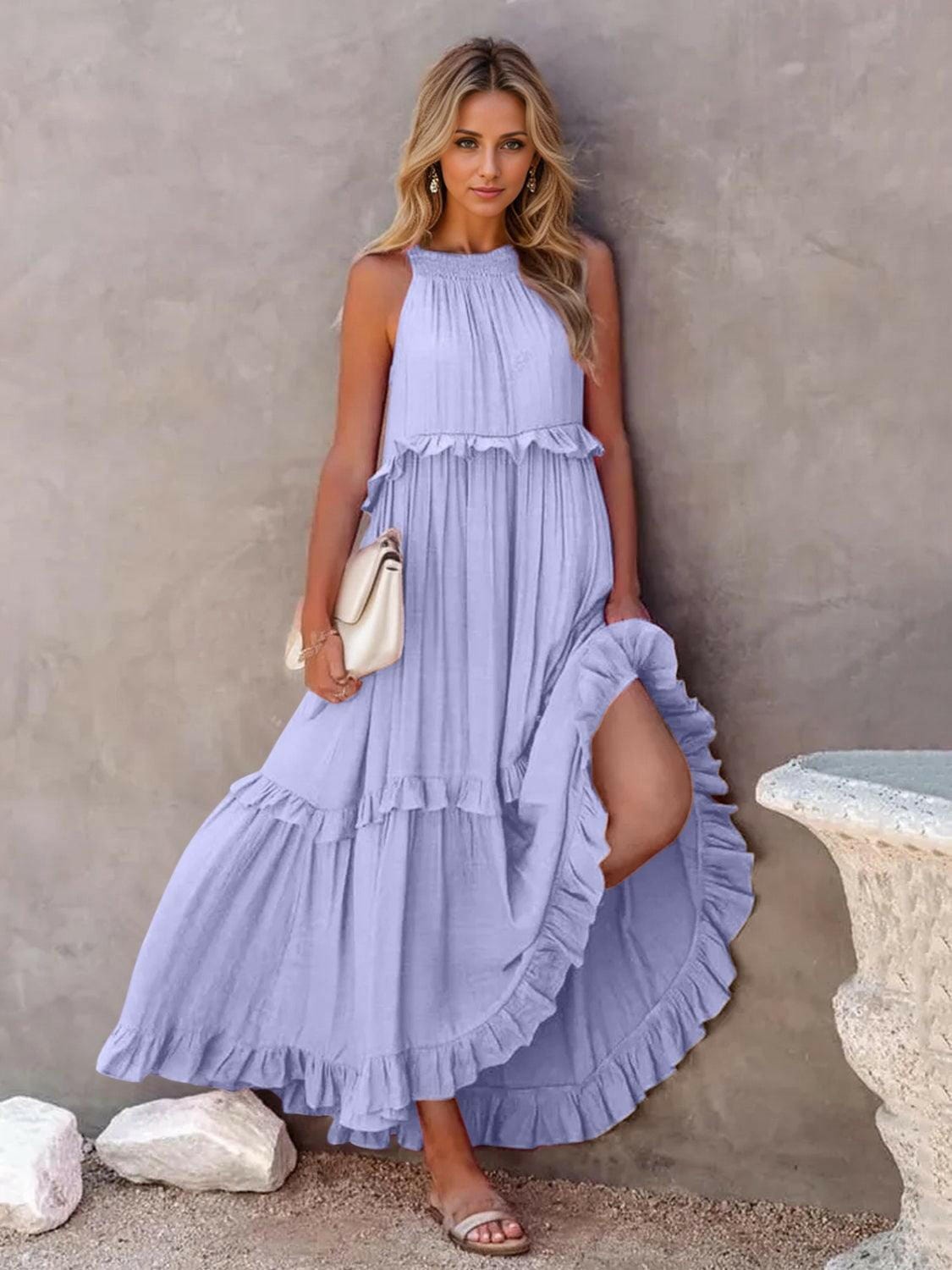 Fun Ruffled Sleeveless Tiered Maxi Dress with Pockets