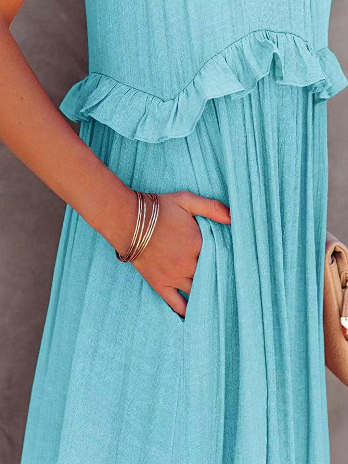 Fun Ruffled Sleeveless Tiered Maxi Dress with Pockets