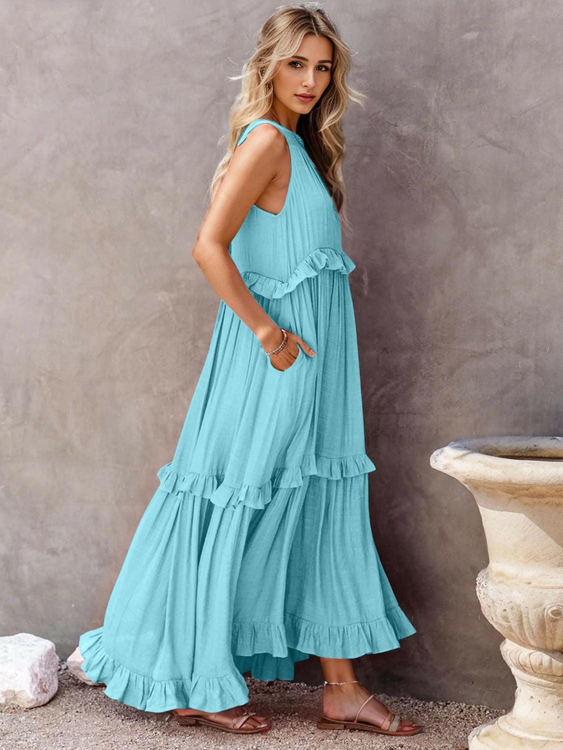 Fun Ruffled Sleeveless Tiered Maxi Dress with Pockets