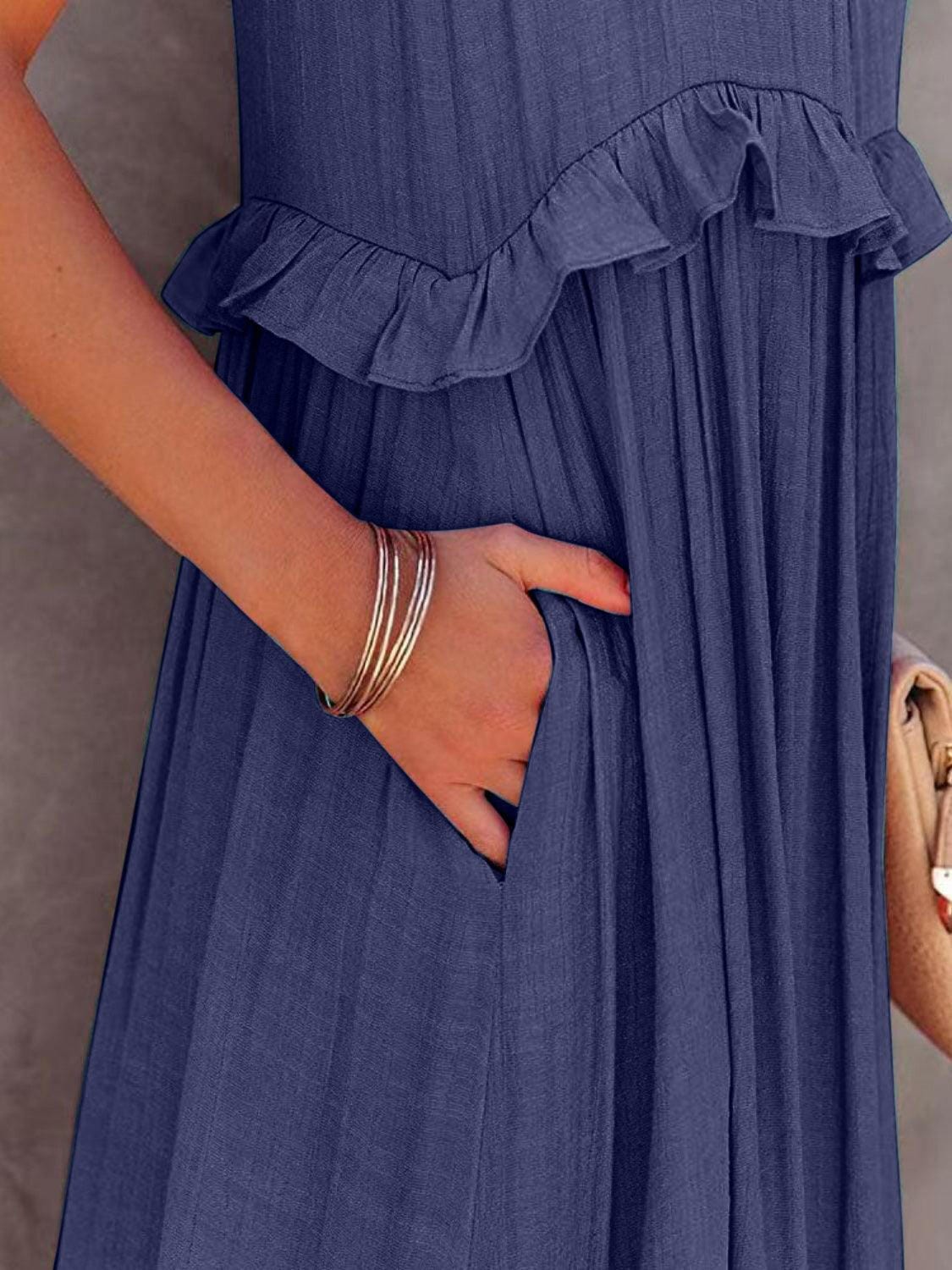 Fun Ruffled Sleeveless Tiered Maxi Dress with Pockets