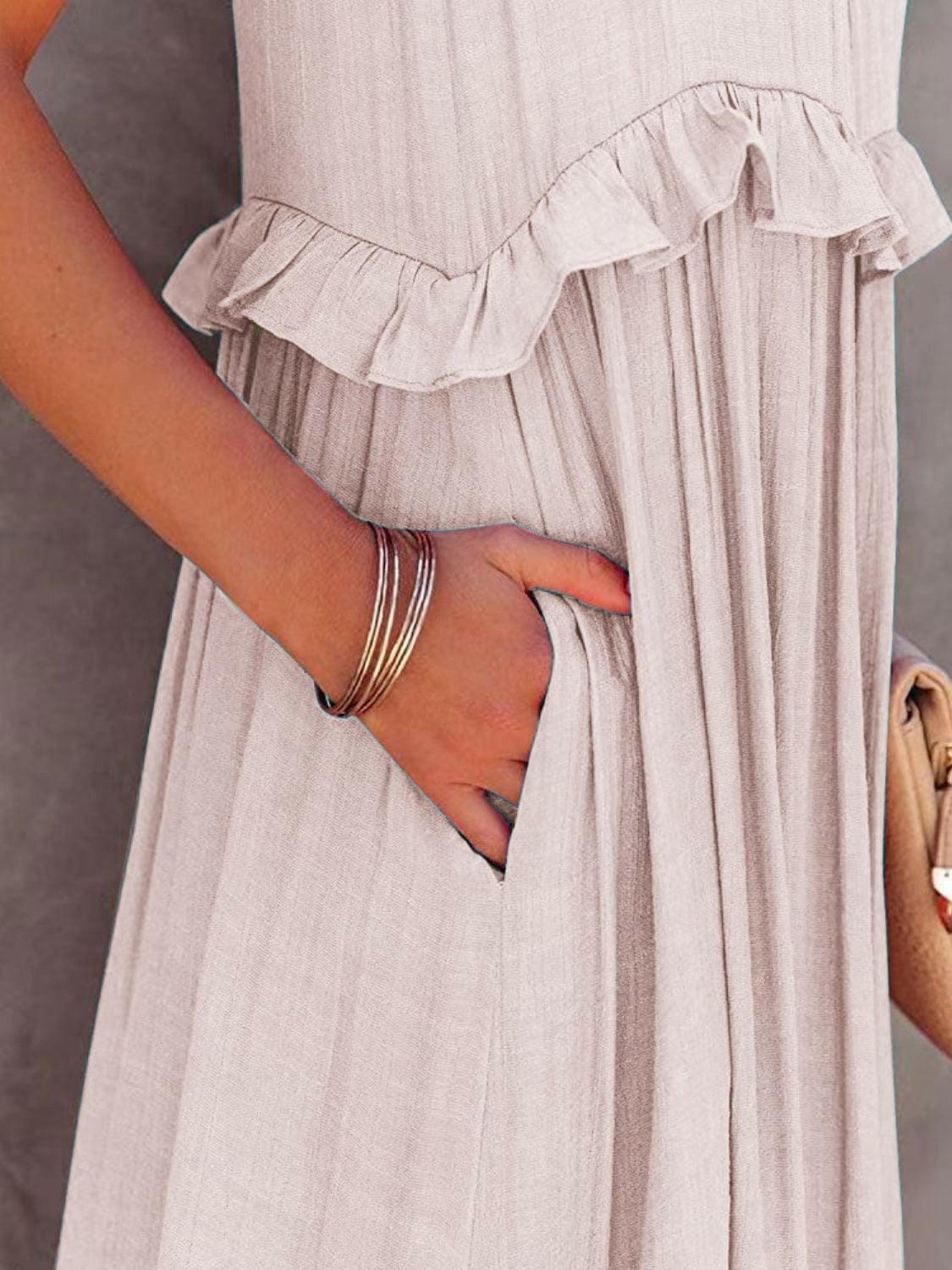 Fun Ruffled Sleeveless Tiered Maxi Dress with Pockets