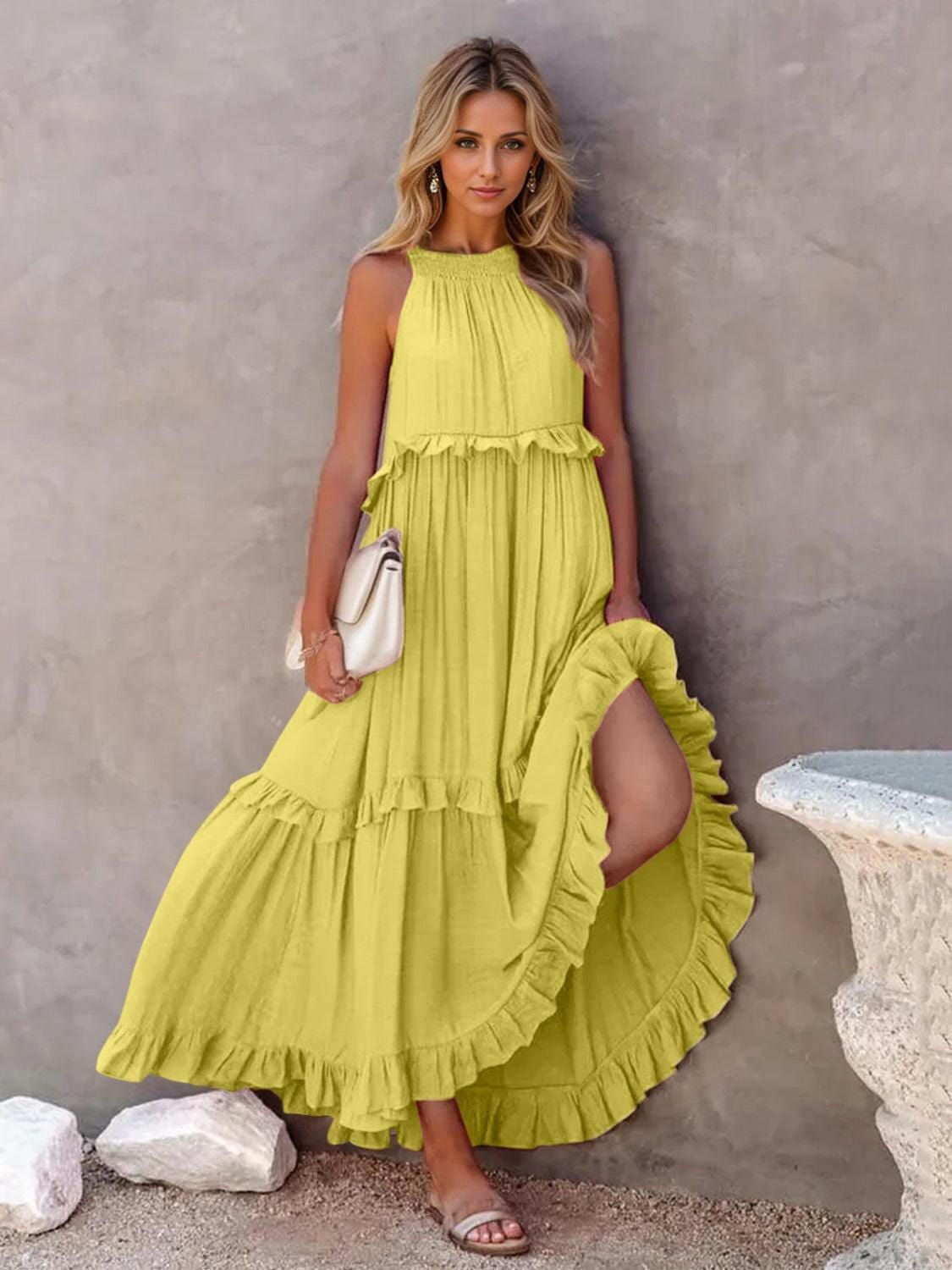 Fun Ruffled Sleeveless Tiered Maxi Dress with Pockets