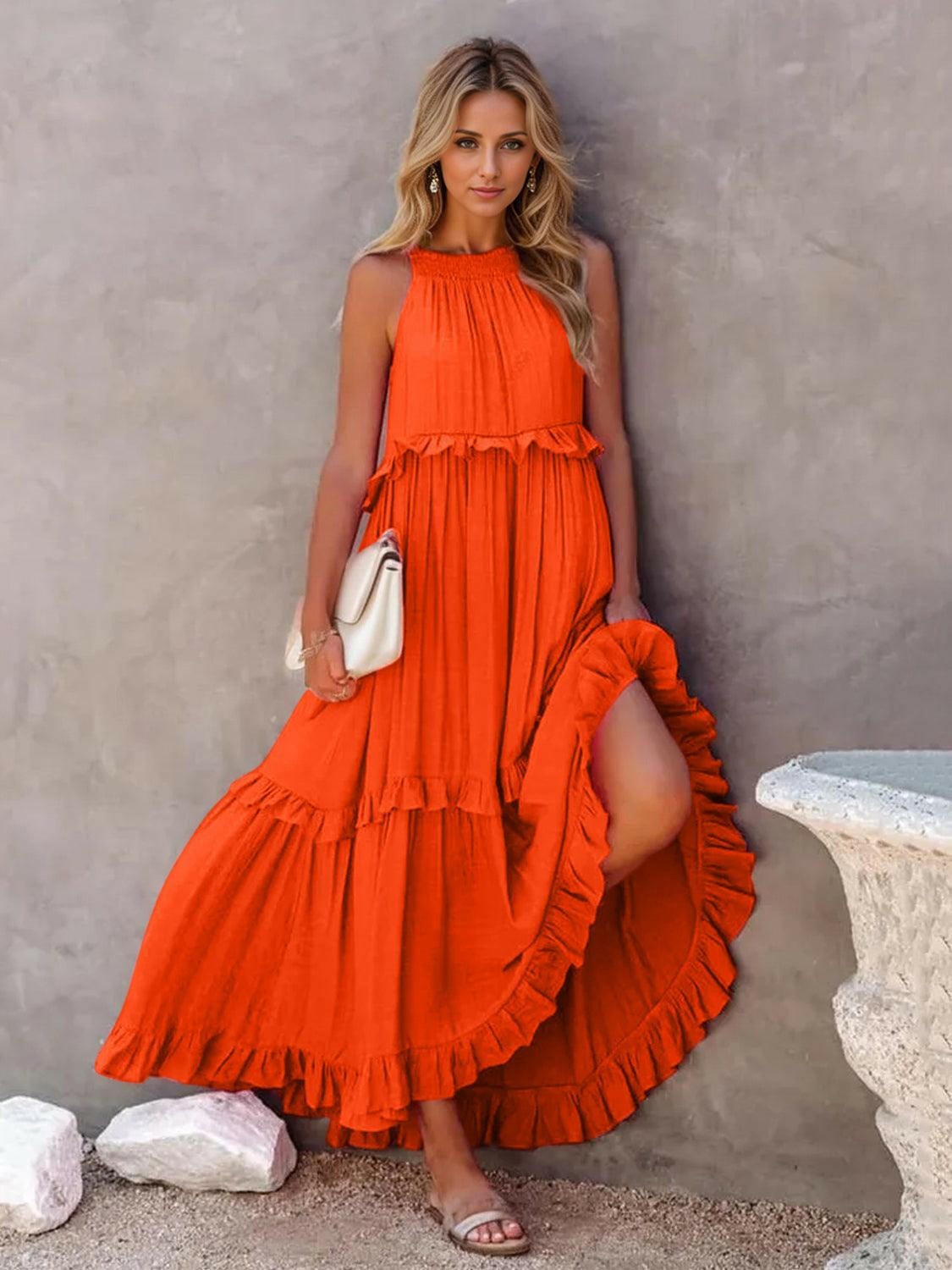 Fun Ruffled Sleeveless Tiered Maxi Dress with Pockets
