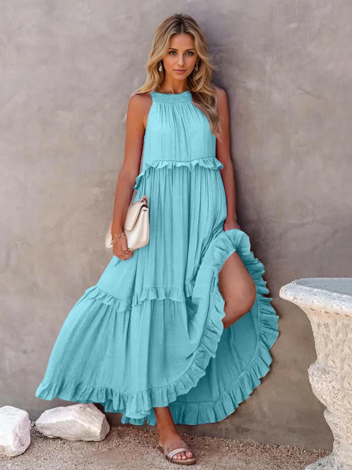 Fun Ruffled Sleeveless Tiered Maxi Dress with Pockets