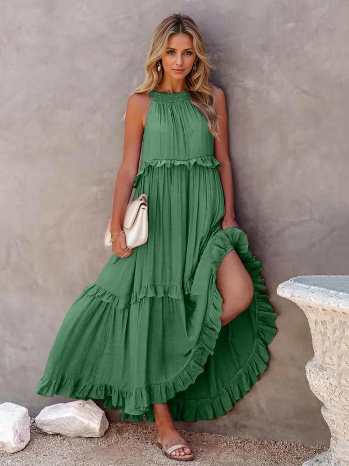 Fun Ruffled Sleeveless Tiered Maxi Dress with Pockets