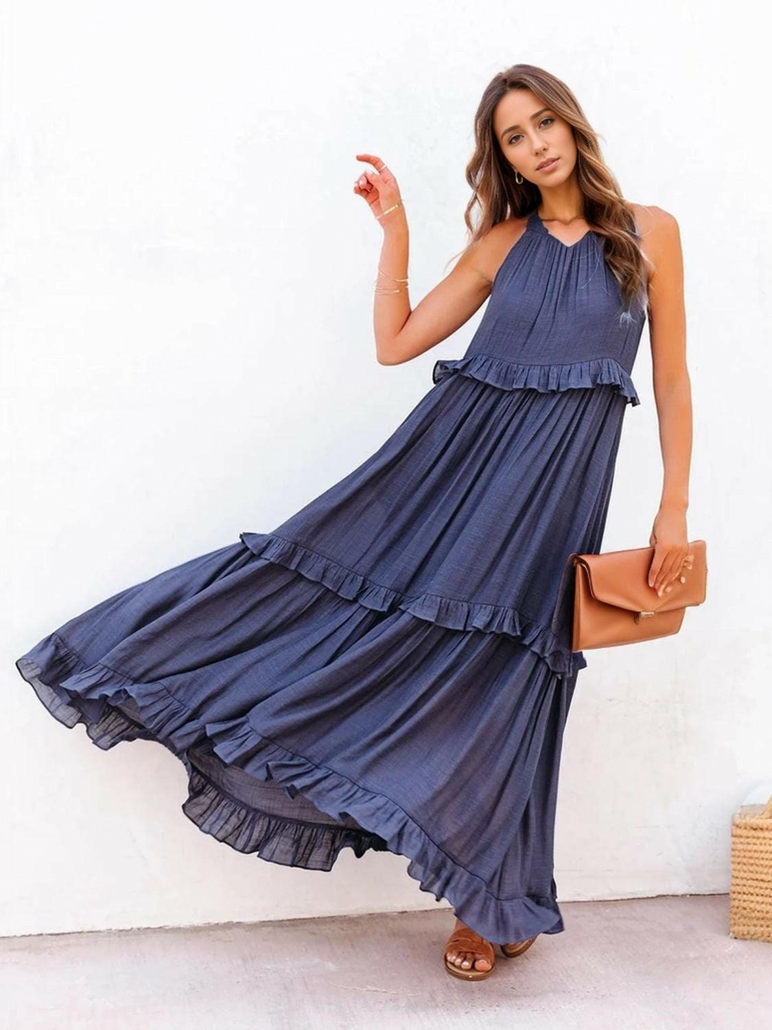 Fun Ruffled Sleeveless Tiered Maxi Dress with Pockets
