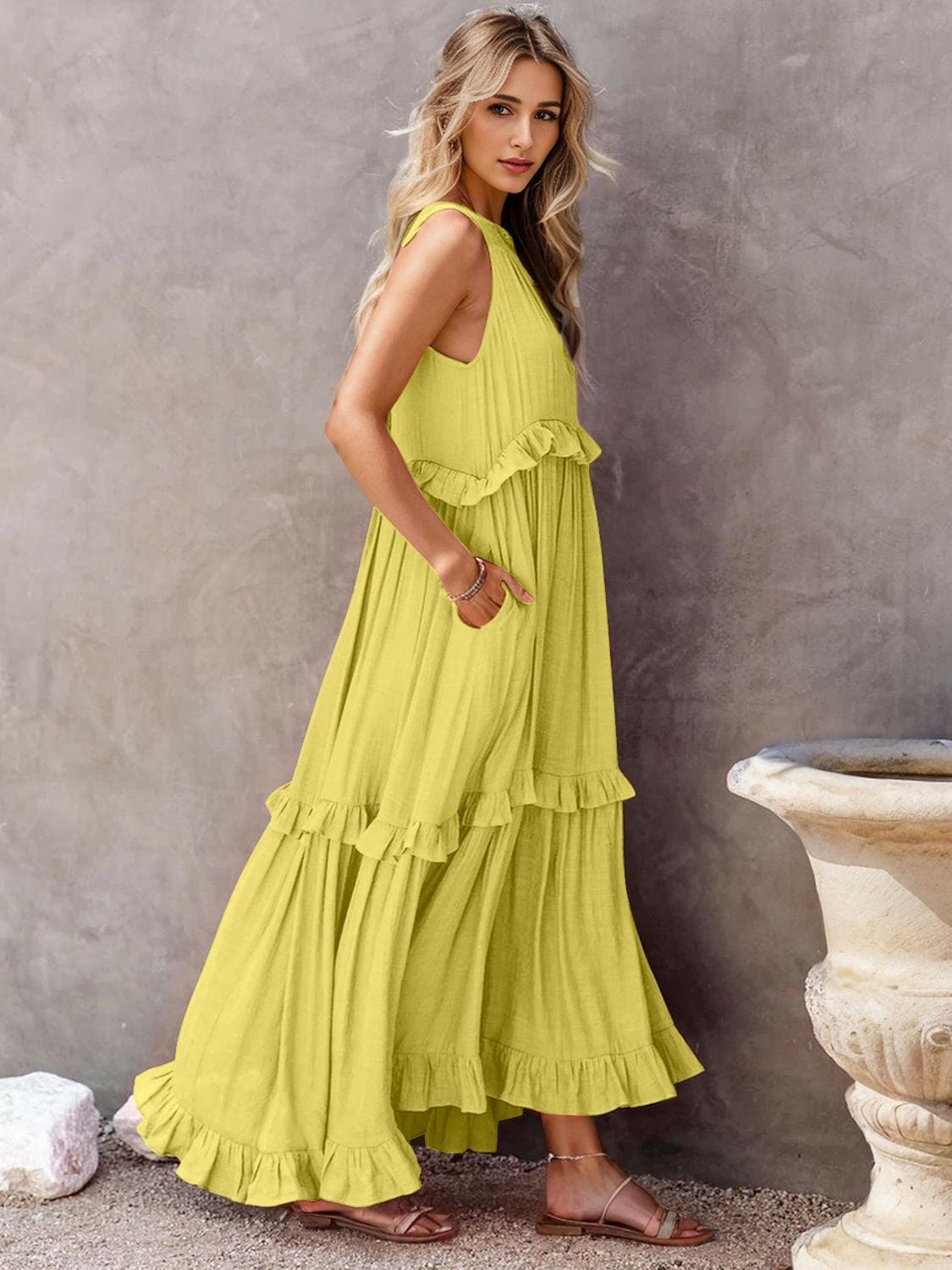 Fun Ruffled Sleeveless Tiered Maxi Dress with Pockets