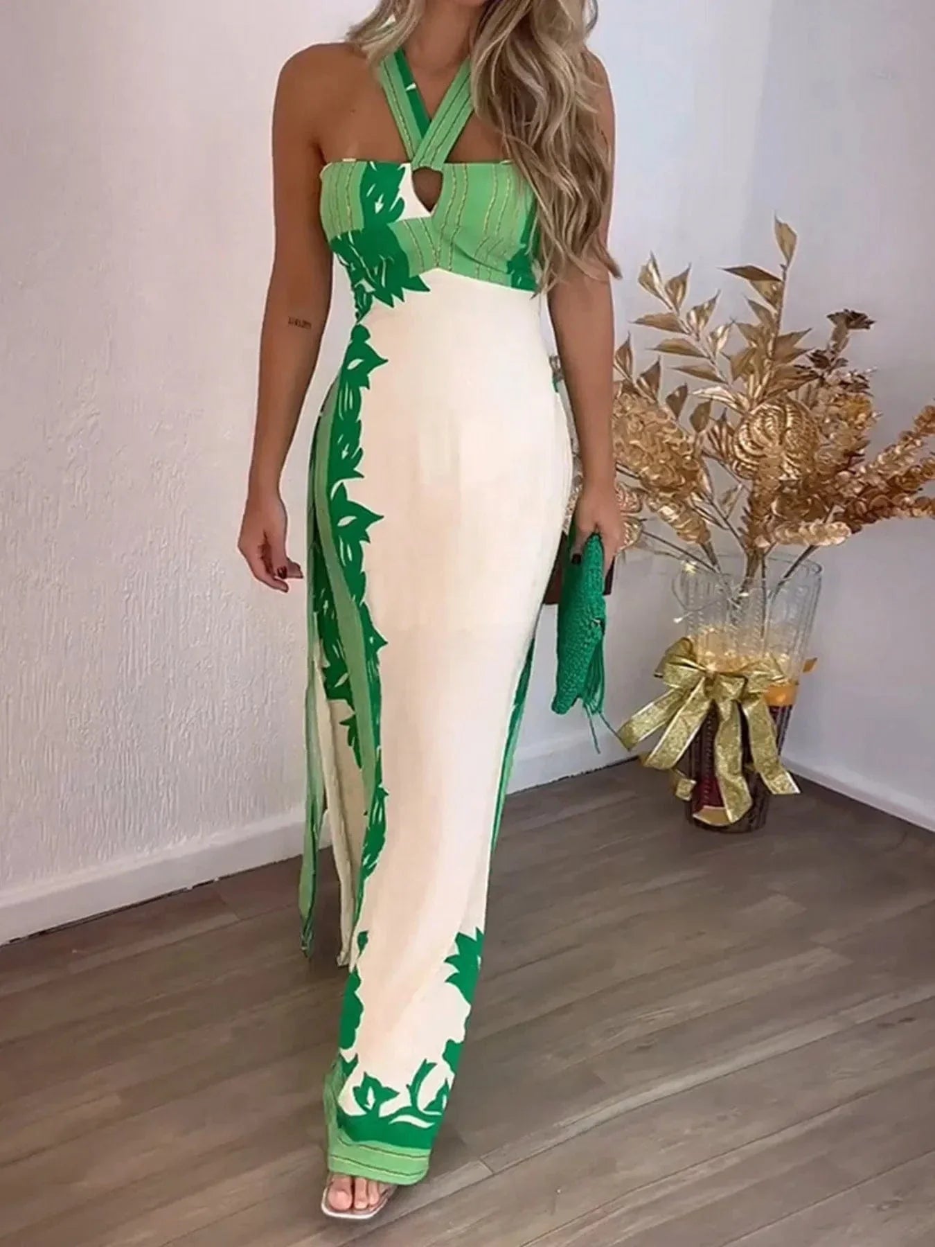 Halter Neck Leaf Print Maxi Dress
