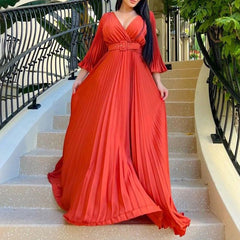 V-Neck Pleated Long Dress With Wide Skirt